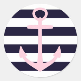 Nautische strepen & roze anker ronde sticker