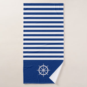 Nautische Strepen+Schepen Wiel Blauw+Wit Bad Handdoek