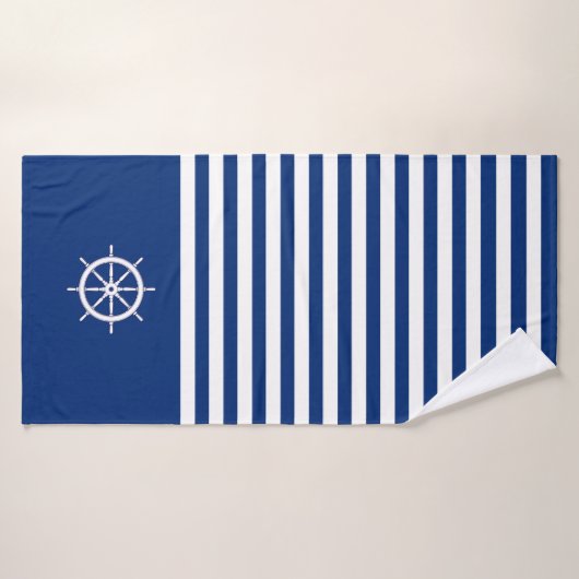 Nautische Strepen+Schepen Wiel Blauw+Wit Badhanddoek (Badhanddoek)