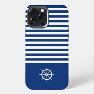 Nautische Strepen+Schepen Wiel Blauw+Wit iPhone 13 Pro Max Hoesje