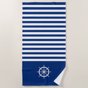 Nautische Strepen+Schepen Wiel Blauw+Wit Strandlaken