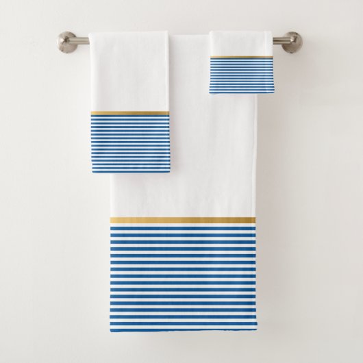 NAUTISCHE STRIPE BLUE GOLD BATHROOM TOWEL SET BAD HANDDOEK (Insitu)