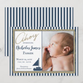 Nautische Stripe Zeilboot Fotogeboorteaankondiging Kaart (Voorkant / Achterkant)
