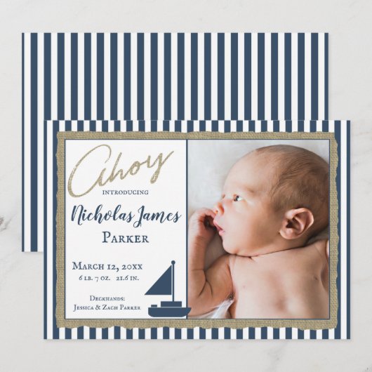 Nautische Stripe Zeilboot Fotogeboorteaankondiging Kaart (Voorkant / Achterkant)