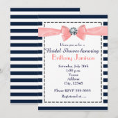 Nautische Stripes Marine Blue Peach Bow Uitnodigin Kaart (Voorkant / Achterkant)