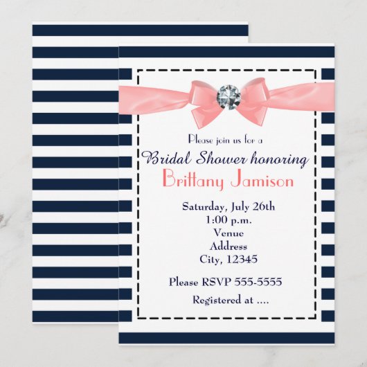 Nautische Stripes Marine Blue Peach Bow Uitnodigin Kaart (Voorkant / Achterkant)