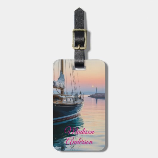 Nautische Sunset Zeilboot gepersonaliseerd Bagagelabel (Voorkant verticaal)