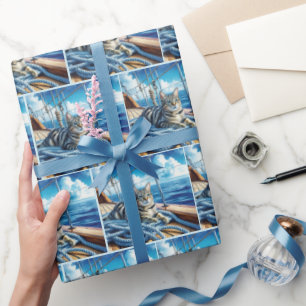 Nautische Tabby Kat Op Boot Touwen Cadeaupapier