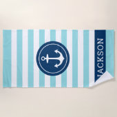 Nautische Teal Streep Anker Monogram Naam Strandlaken (Voorkant)