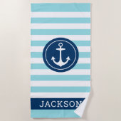 Nautische Teal Streep Anker Monogram Naam Strandlaken (Voorkant)