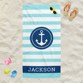 Nautische Teal Streep Anker Monogram Naam Strandlaken