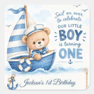 Nautische Teddybeer Zeilboot 1e Verjaardag Vierkante Sticker