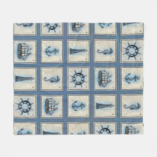 Nautische Tegels | Blauw vuurtoren Anchor Ship Whe Fleece Deken (Voorkant (Horizontaal))