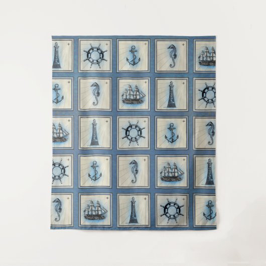 Nautische Tegels | Blauwe Vuurtoren Anker Scheepss Wandkleed (Voorkant)