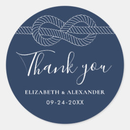 Nautische touwknoop dank u bruiloft marine blauw ronde sticker