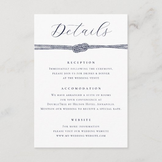 Nautische Touwknoop Elegante Details Huwelijk Informatiekaartje (Voorkant)