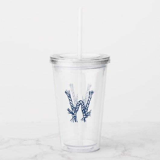 Nautische touwknopen blauw wit aangepast monogram acryl drinkbeker (Voorkant)