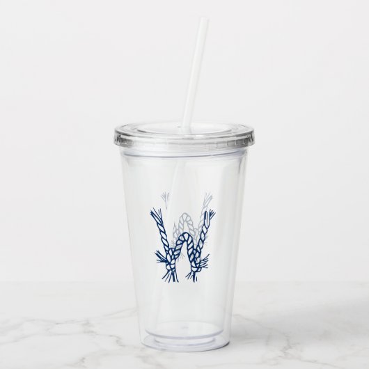 Nautische touwknopen blauw wit aangepast monogram acryl drinkbeker (Achterkant)