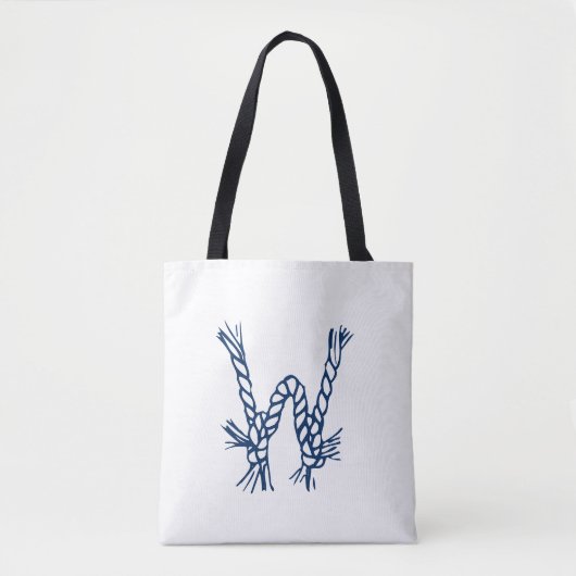 Nautische touwknopen blauw wit aangepast monogram tote bag (Voorkant)