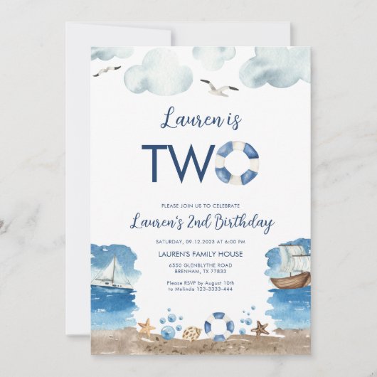 nautische twee 2e verjaardag uitnodiging (Voorkant)