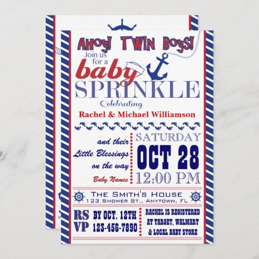 Nautische Twin Baby Boy Sprinkle Uitnodiging (Voorkant / Achterkant)