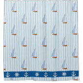 Nautische verankering blauw, witte streep achtergr douchegordijn (Voorkant)