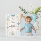 Nautische verjaardag foto | pastelblauwe zeilboot kaart (Staand voorkant)