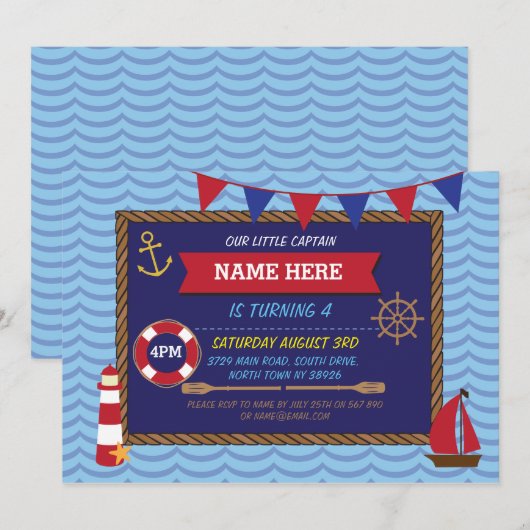 Nautische Verjaardag Party Zeilboot Piraten Uitnod Kaart (Voorkant / Achterkant)