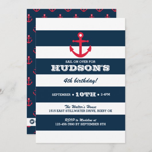 Nautische verjaardagsuitnodiging - Anker Kaart (Voorkant / Achterkant)