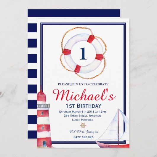 Nautische verjaardagsuitnodiging Nodig Navy Blue S Kaart (Voorkant / Achterkant)