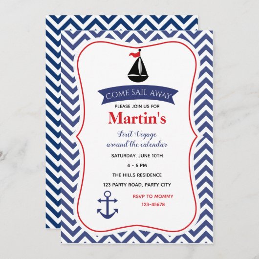 Nautische verjaardagsuitnodigingen (Jongens Marine Kaart (Voorkant / Achterkant)