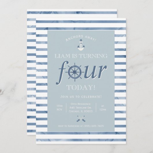 Nautische Vierde Verjaardag uitnodiging (Voorkant / Achterkant)