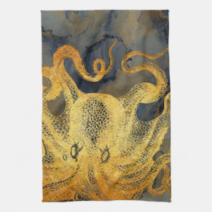 Nautische Vintage Gold Octopus Black Ink Waterverf Theedoek