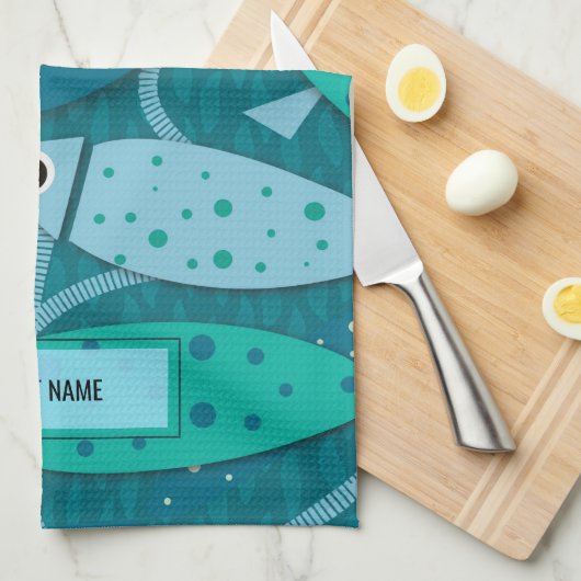 Nautische Vis Patroon Boot Naam Theedoek (Quarter Fold)