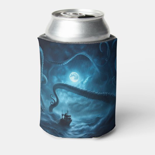 Nautische Vissende boot en reuzenoctopus Kraken Blikjeskoeler (Blikje Achterkant)