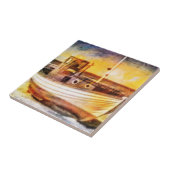 Nautische Vissende boot op strand bij Sunset Ocean Tegeltje (Zijkant)