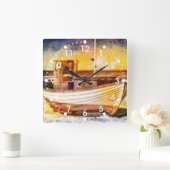 Nautische Vissende boot op strand bij Sunset Ocean Vierkante Klok (Huis)