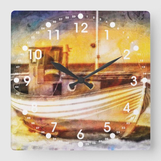 Nautische Vissende boot op strand bij Sunset Ocean Vierkante Klok (Voorkant)