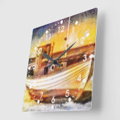 Nautische Vissende boot op strand bij Sunset Ocean Vierkante Klok (Hoek)