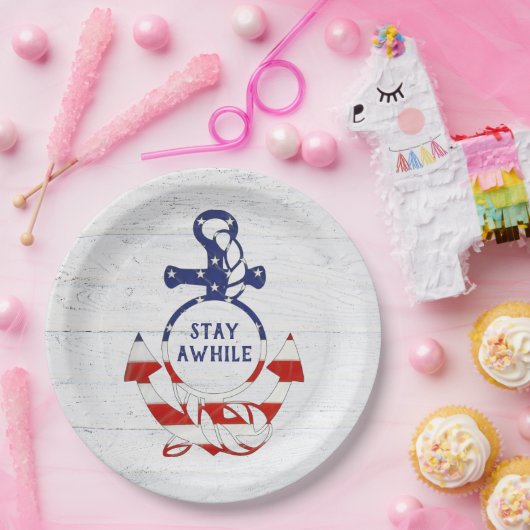 Nautische vlag Anker op witgekalkt hout Papieren Bordje (Feest)