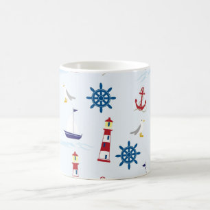Nautische vuurtoren, anker, wiel, meeuw en boot koffiemok