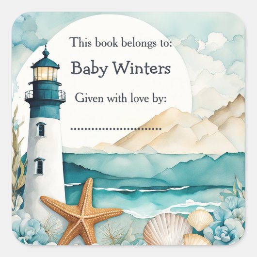 Nautische vuurtoren Baby shower Bookplate Vierkante Sticker (Voorkant)