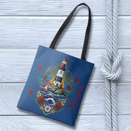 Nautische Vuurtoren Blauw Bloemen Rood Tote Bag