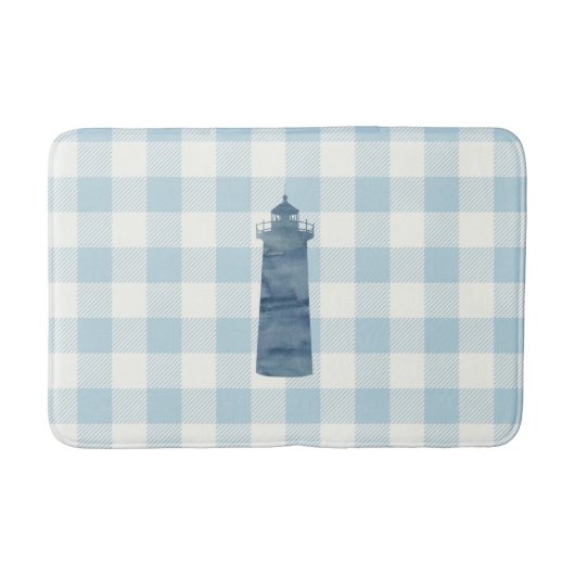 Nautische Vuurtoren Blauwe Gingham Check Kust Badmat (Voorkant)
