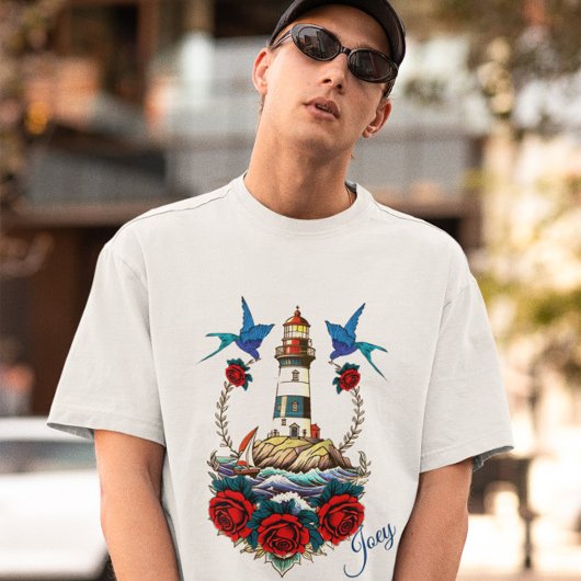 Nautische Vuurtoren Bloemen Rood Anker Blauw T-shirt