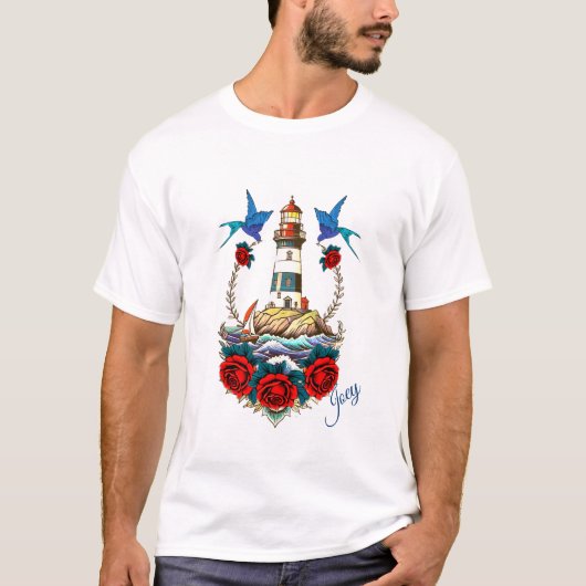 Nautische Vuurtoren Bloemen Rood Anker Blauw T-shirt (Voorkant)