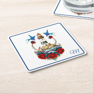 Nautische Vuurtoren Bloemen Rood Blauw Kartonnen Onderzetters