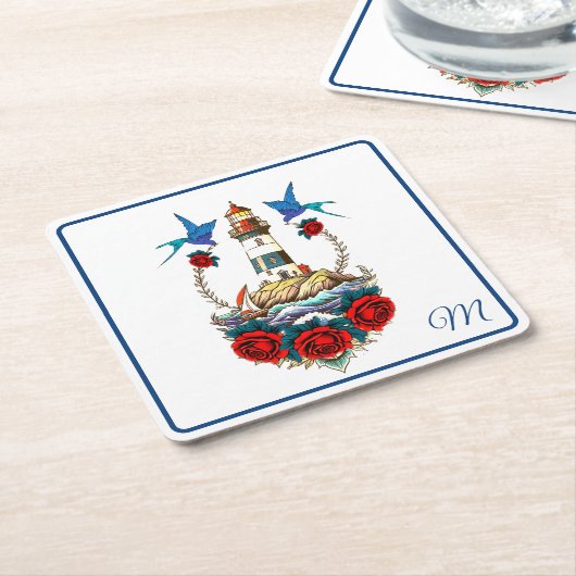 Nautische Vuurtoren Bloemen Rood Blauw Kartonnen Onderzetters (Schuin)