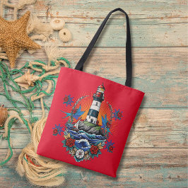 Nautische Vuurtoren Bloemen Rood Blauw Tote Bag