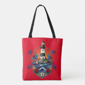 Nautische Vuurtoren Bloemen Rood Blauw Tote Bag (Achterkant)
